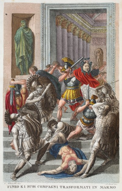 Phineus and Friends into Stone, Book V, illustration from Ovid